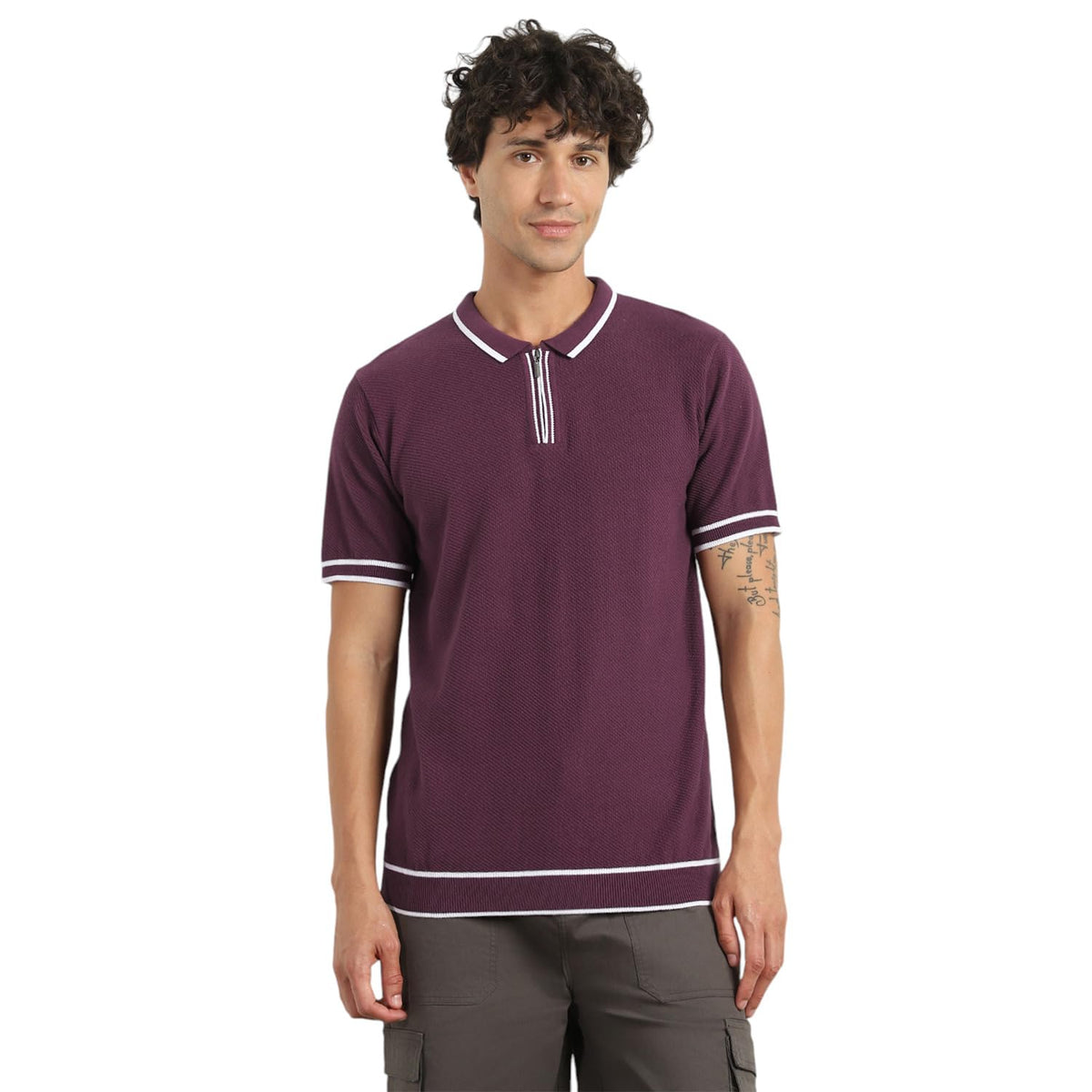 Nobero MenS Self Design Regular Fit Polo Shirt (1M-Twpo-R0028_Midnight Plum