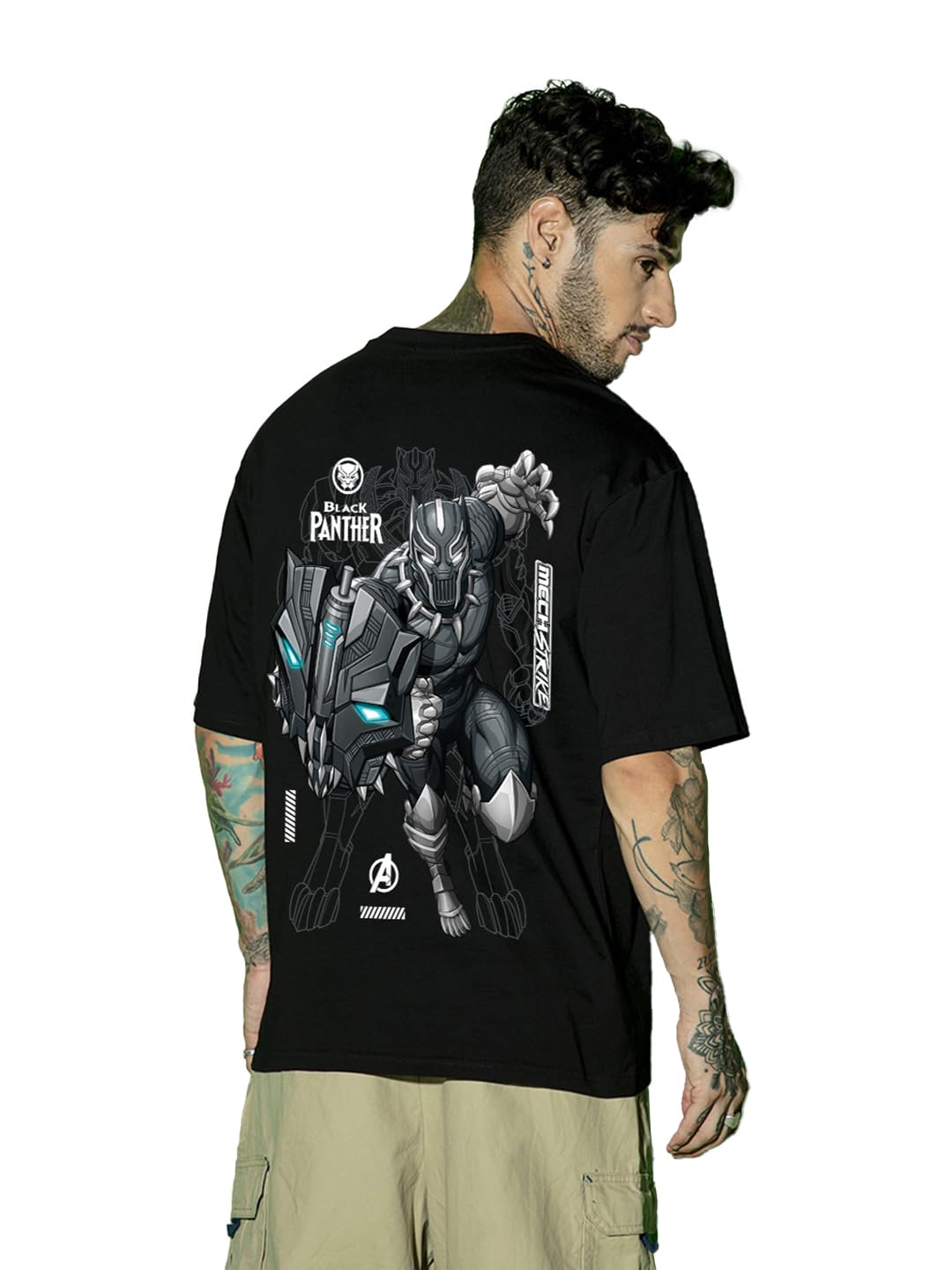 Bewakoof Official Marvel Merchandise Mens Cotton Graphic Printed Oversized Fit T-Shirt_620196_Black_XL