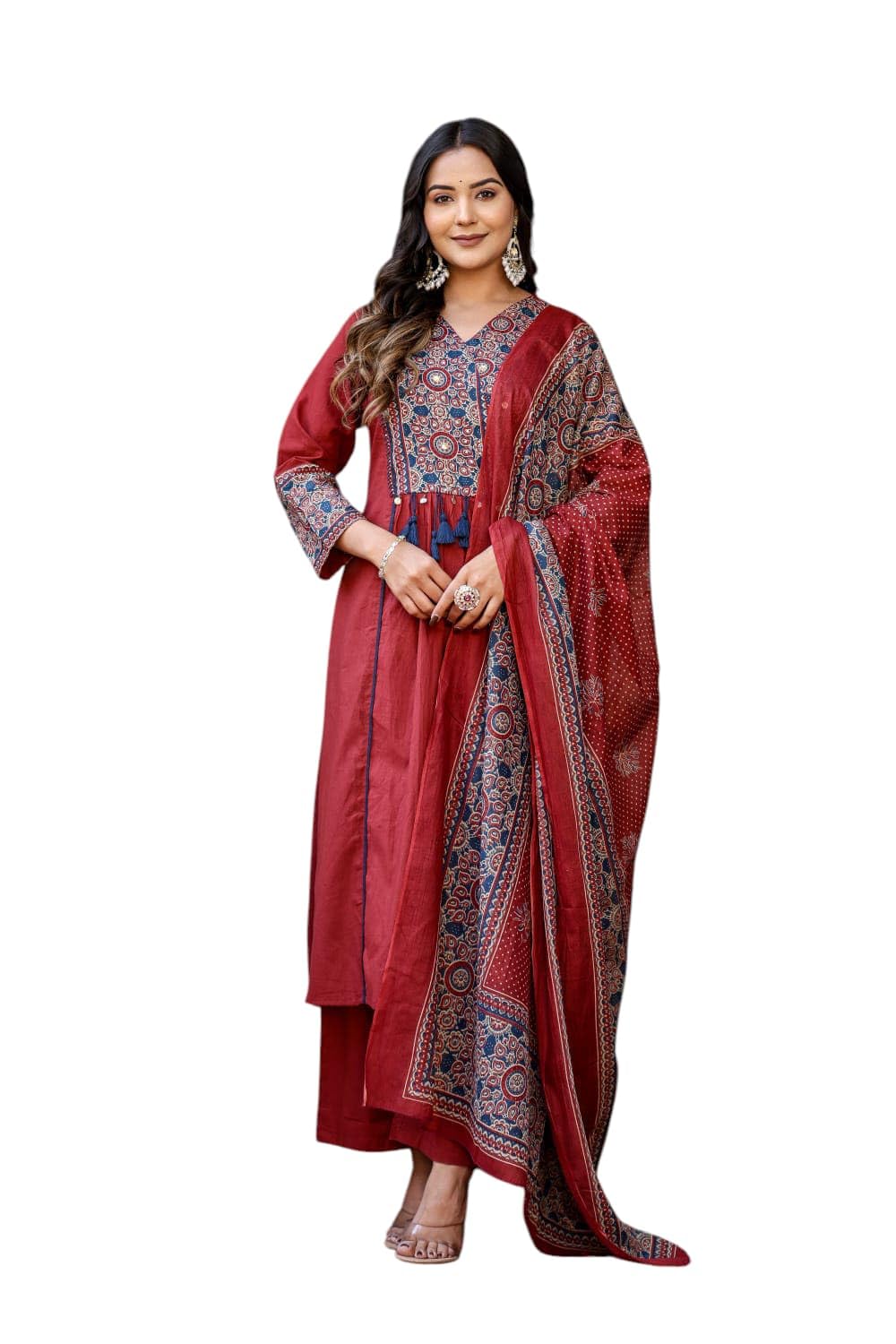 Stylum Womens Ajrakh Printed Cotton A-Line Kurta Pant Dupatta Set