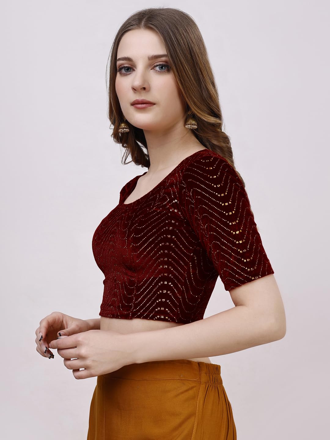Vihu Fashion WomenS Readymade Hosiery Velvet Lycra Stretchable Round Neck Half Sleeve Blouse With Jari Work Fancy Maroon Color