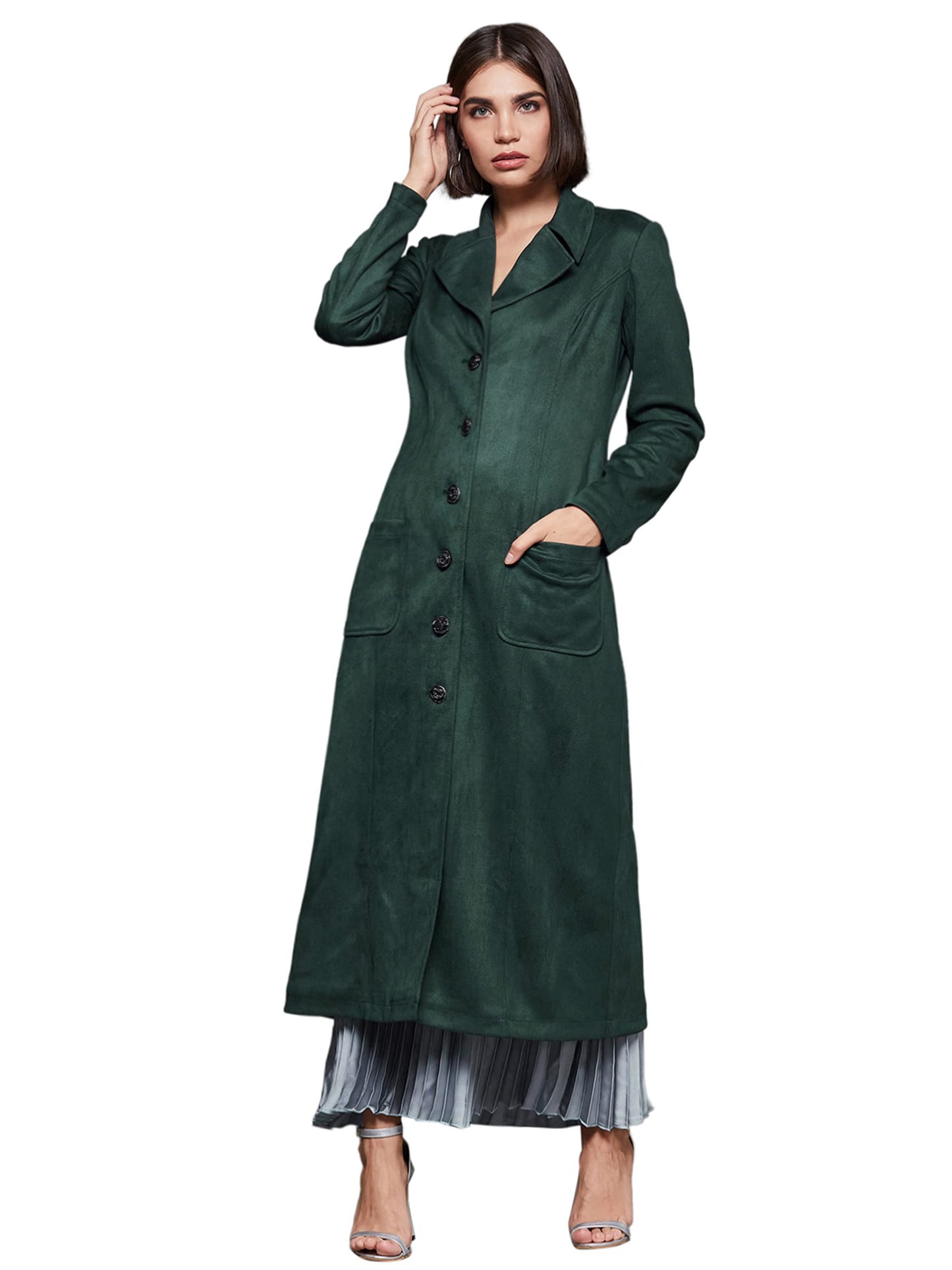 Miss Chase WomenS Dark Green Solid V-Neck Full Sleeves Polyester Winter Wear Jacket (Mcaw22Jkt03-47-42-06, Dark Green, Xl)