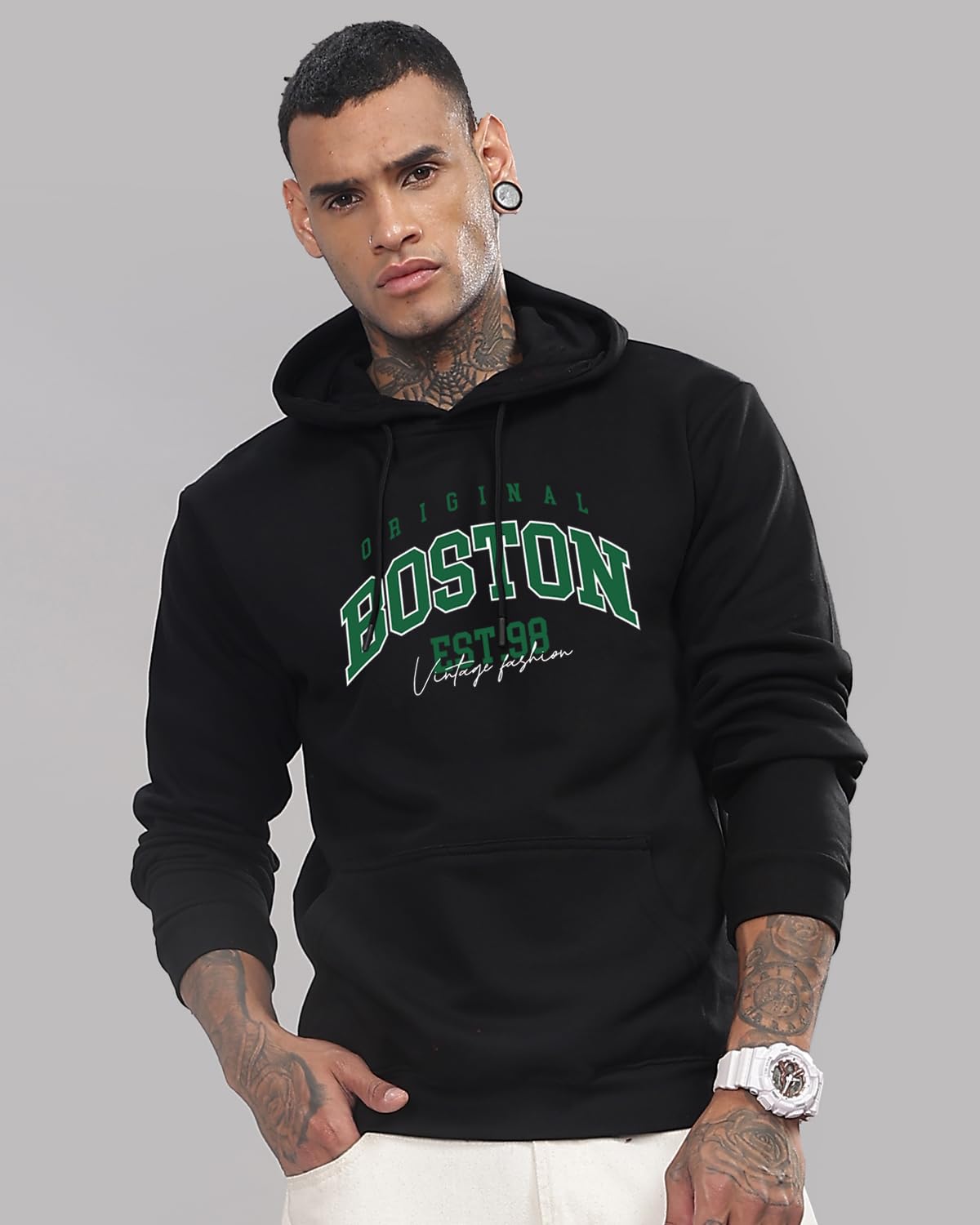 ADRO Men's Cotton Neck Hooded Regular Sweatshirt (H24-BOST-BL_Black, Large