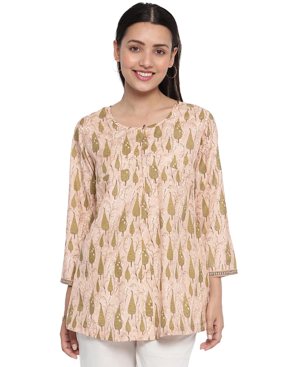 Fabindia Women's Blue Rayon Blend Printed Tops