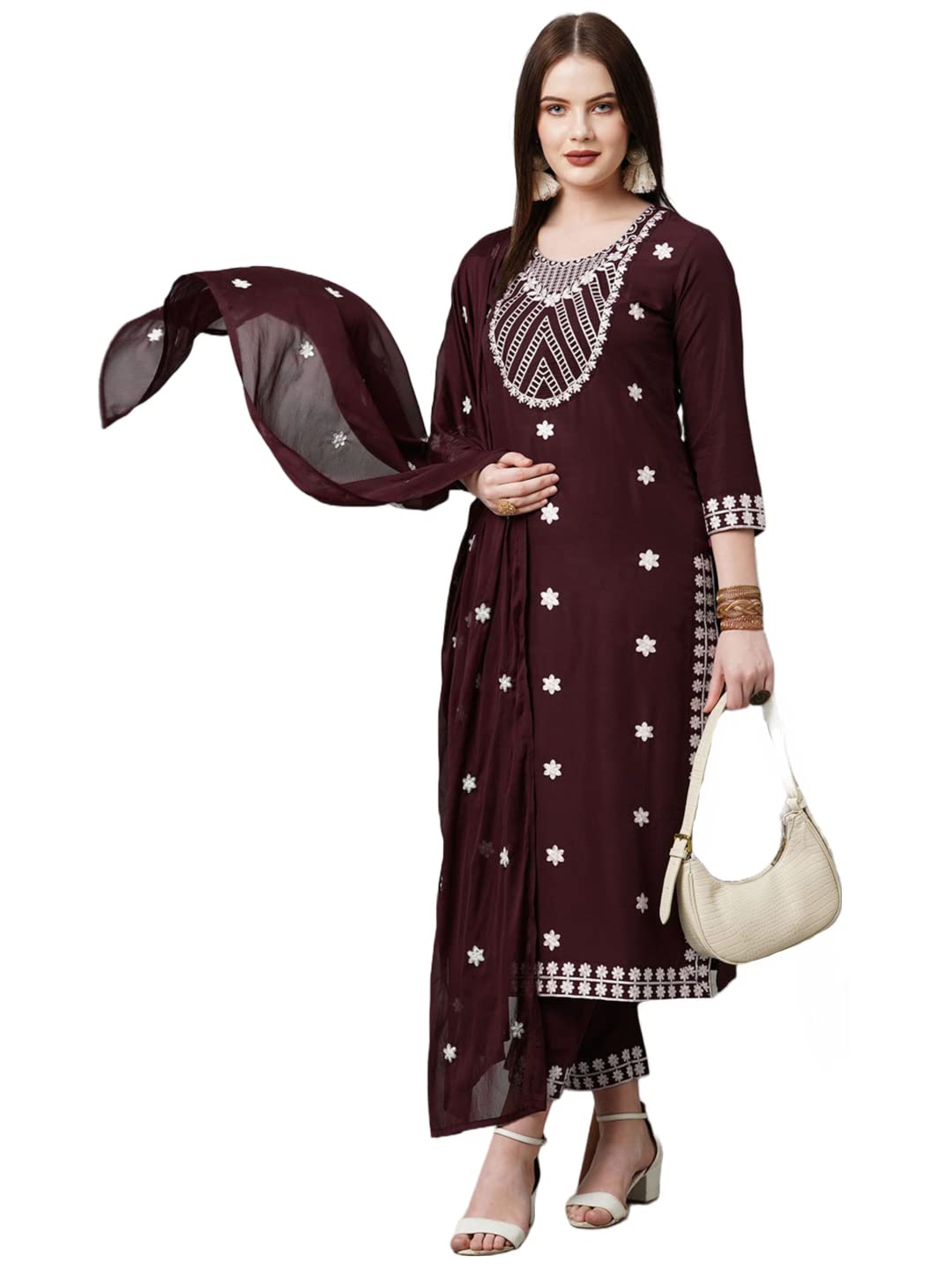 Gosriki WomenS Cotton Blend Embroidered Straight Kurta With Pant & With Dupatta (Dalfuna Wine_S-Gs_Wine_Small)