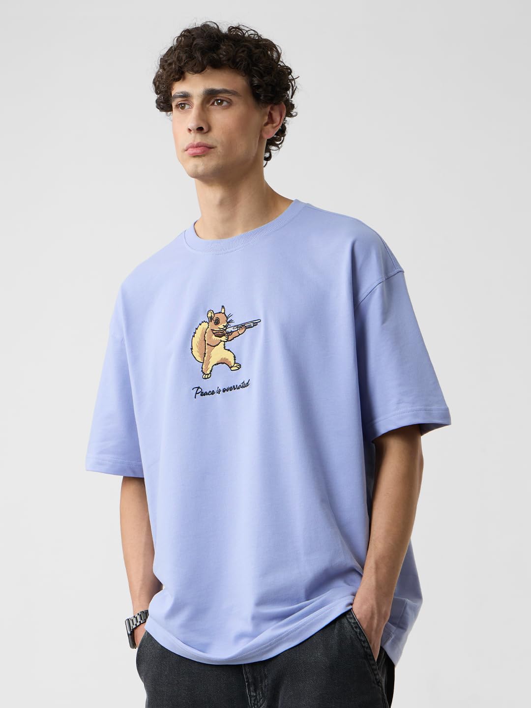 The Souled Store Oversized T-Shirt: Peace is Overrated Men and Boys Short Sleeves Round Neck Blue Embroidered Cotton Oversized T