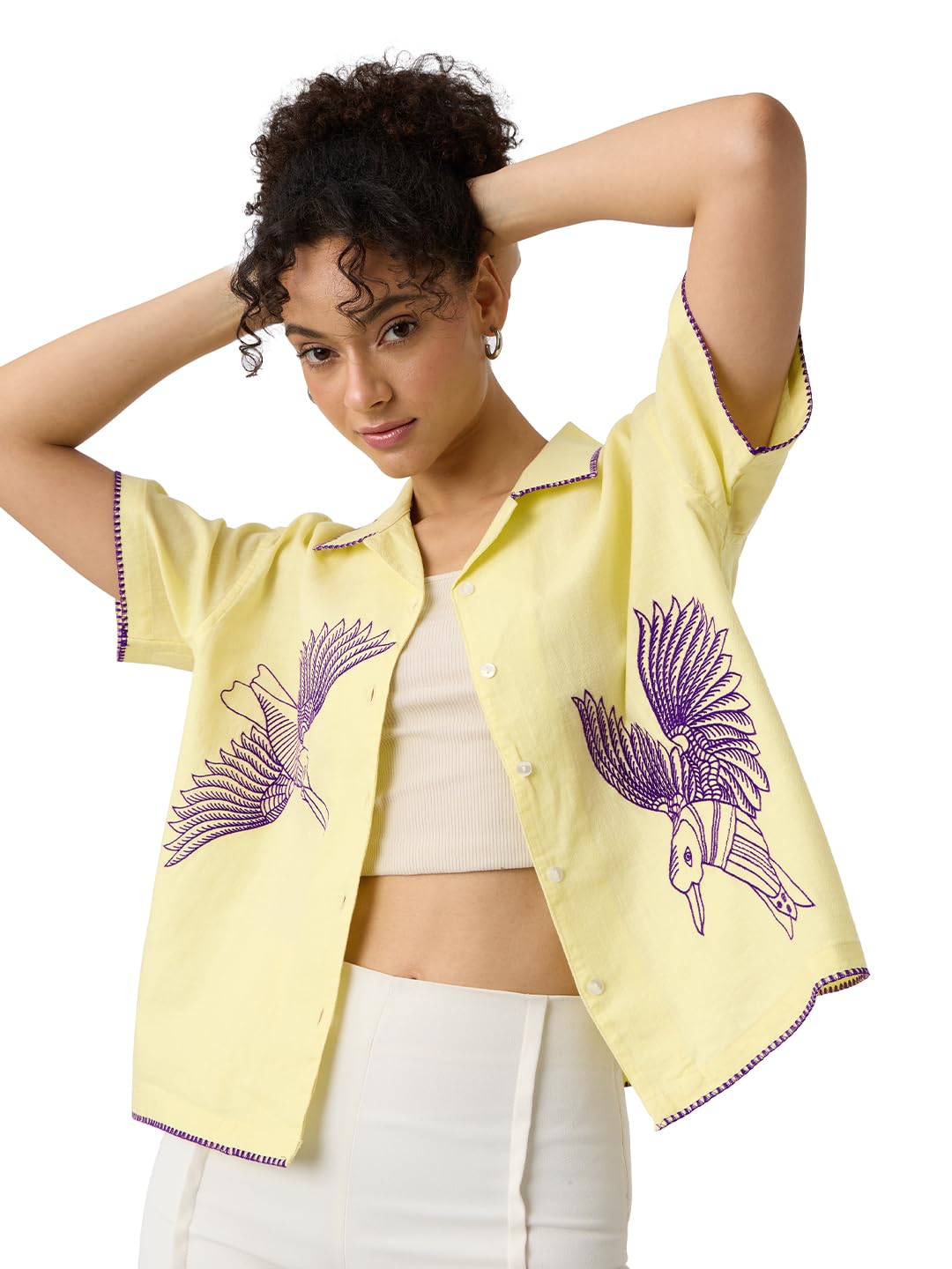 The Souled Store Birds Women and Girls Short Sleeves Collared Neck Button Front Yellow Embroidered Oversized Fit Cotton Holiday