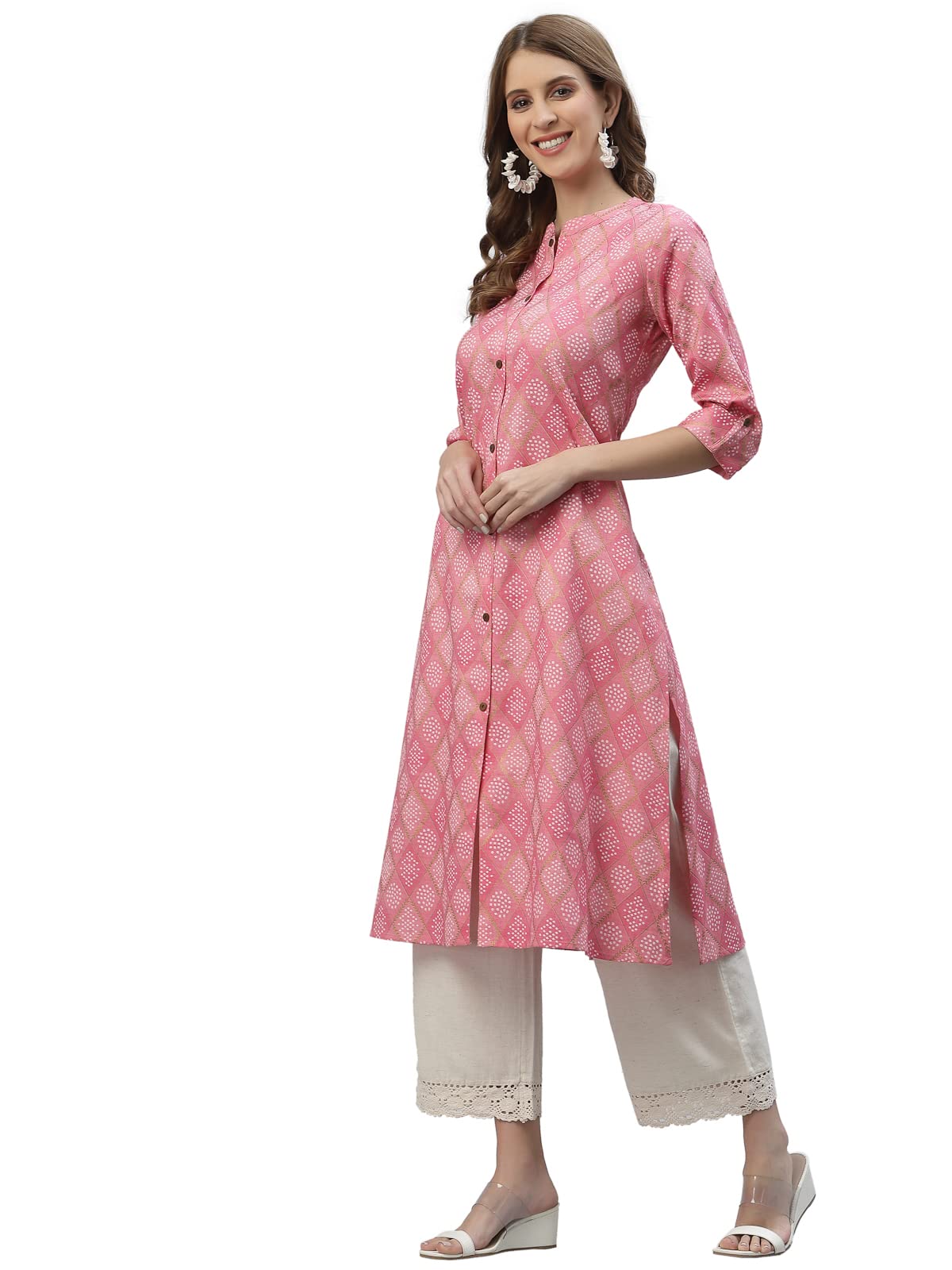 Stylum Women's Bandhani Printed Cotton Blend Straight Kurta (Pink)
