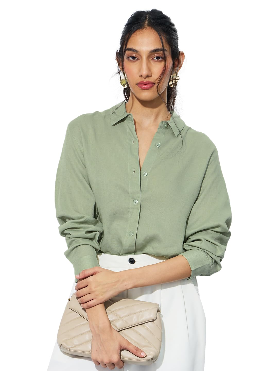 The Souled Store Lyocell Linen: Woodland Women and Girls Long Sleeve Collared Neck Solid Lyocell Linen Blend Regular Fit Button
