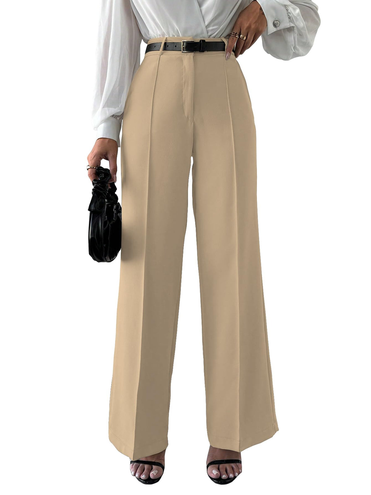 Shasmi Womens Solid Cream Color High Waist, Wide Straight-Leg Loose Fit, Front Button Closure, Simple Daily Casual Long Pants w