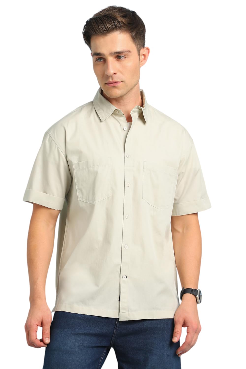 Dennis Lingo Men Beige Solid Spread Collar Half Sleeves Relaxed Fit Shirts
