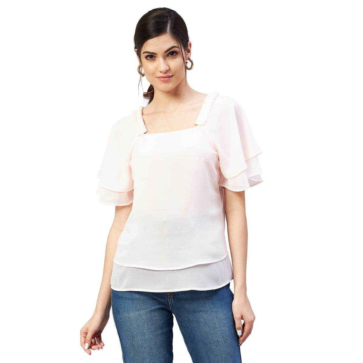 Rare Women Casual Light Pink Colour Square Neck Solid Regular Top