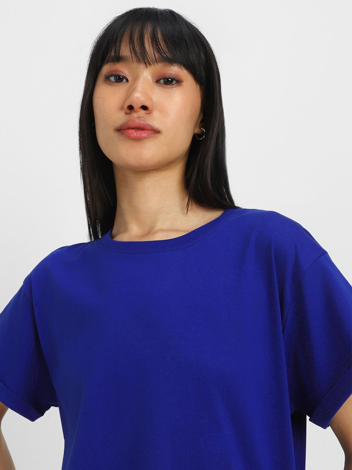 Juneberry Pure 100% Cotton Oversized Loose Baggy Fit Round Neck With Drop Shoulder Cork & Royal Blue Half Sleeves Boyfriend T-Sh