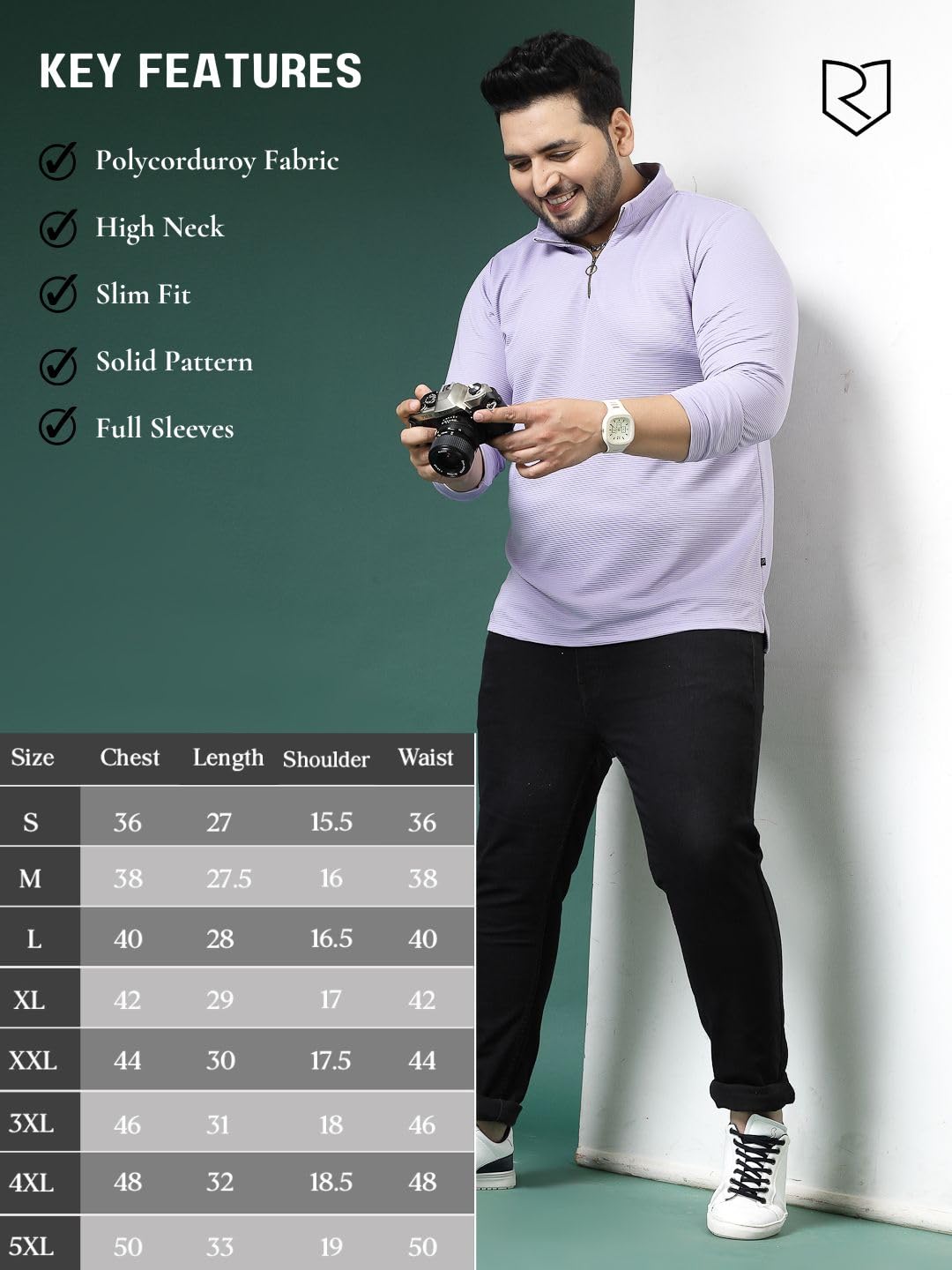 Rigo Polyester Plus Size T-Shirt for Men | High Neck, Slim Fit T-Shirt for Men | Solid Casual Plus Size T-Shirts Light Purple