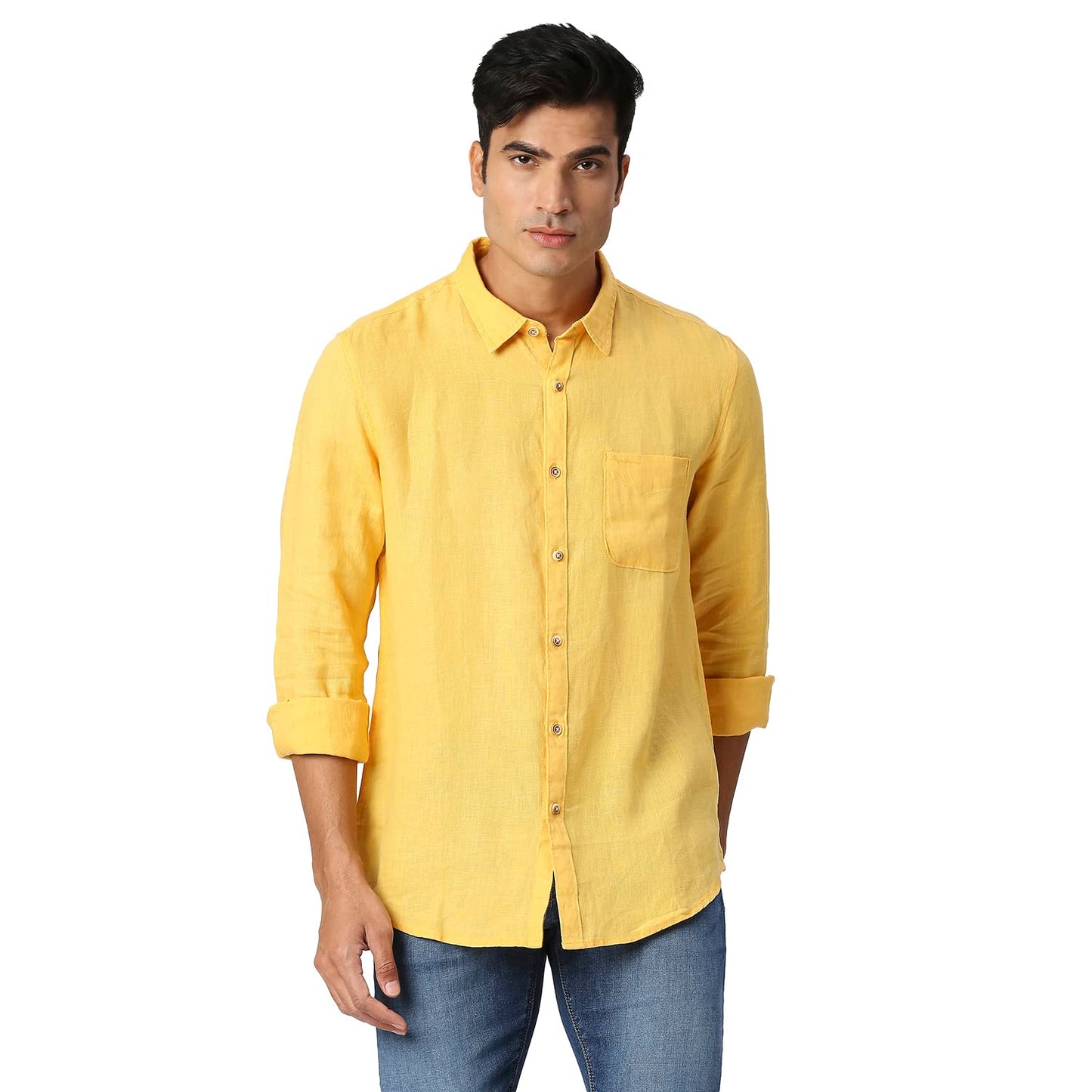 Pepe Jeans Linen Mens Solid Regular Fit Shirt (Pm308002_Olive L)