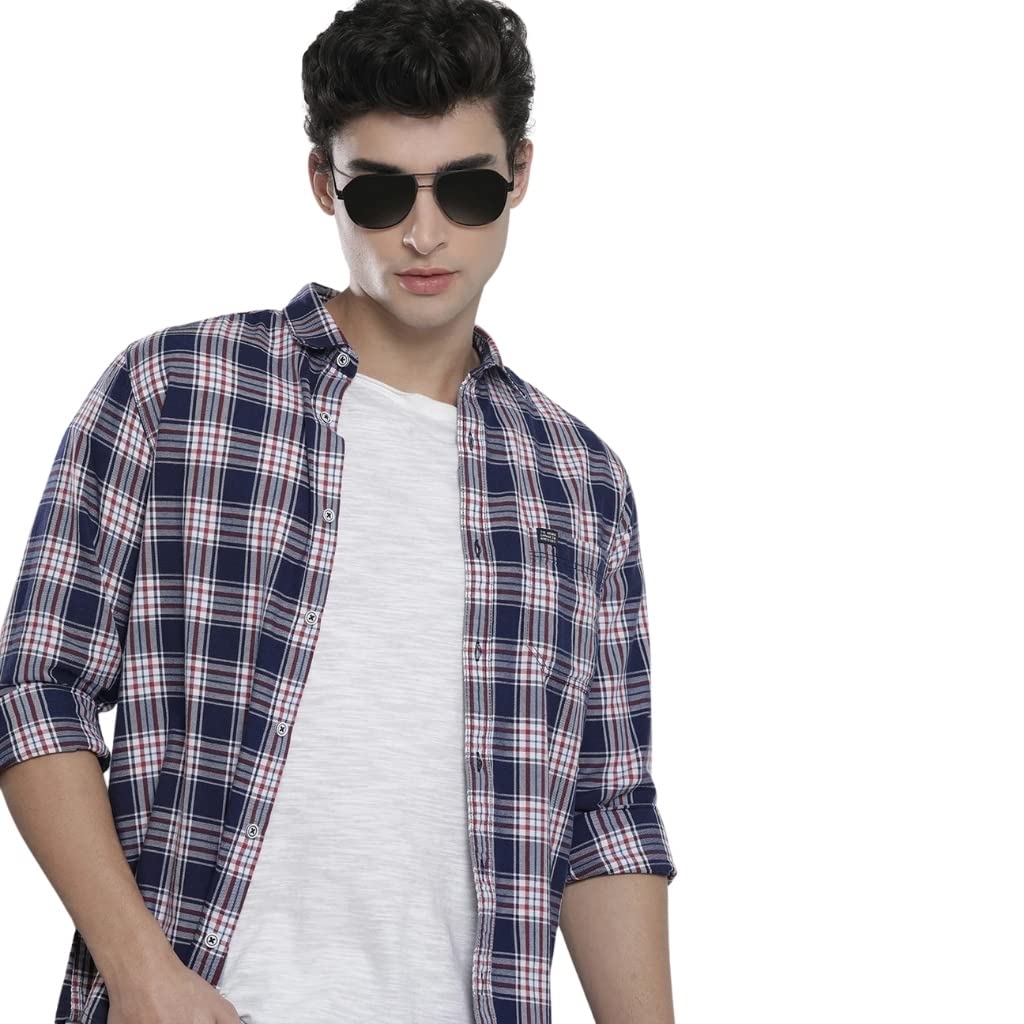 The Indian Garage Co Mens Navy & White Cotton Slim Fit Full Sleeve Checked Shirt