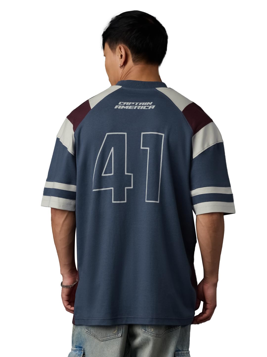 The Souled Store Captain America: Soldier Suit Men and Boys Short Sleeves Round Neck Blue Graphic Printed Cotton Oversized T-Shi