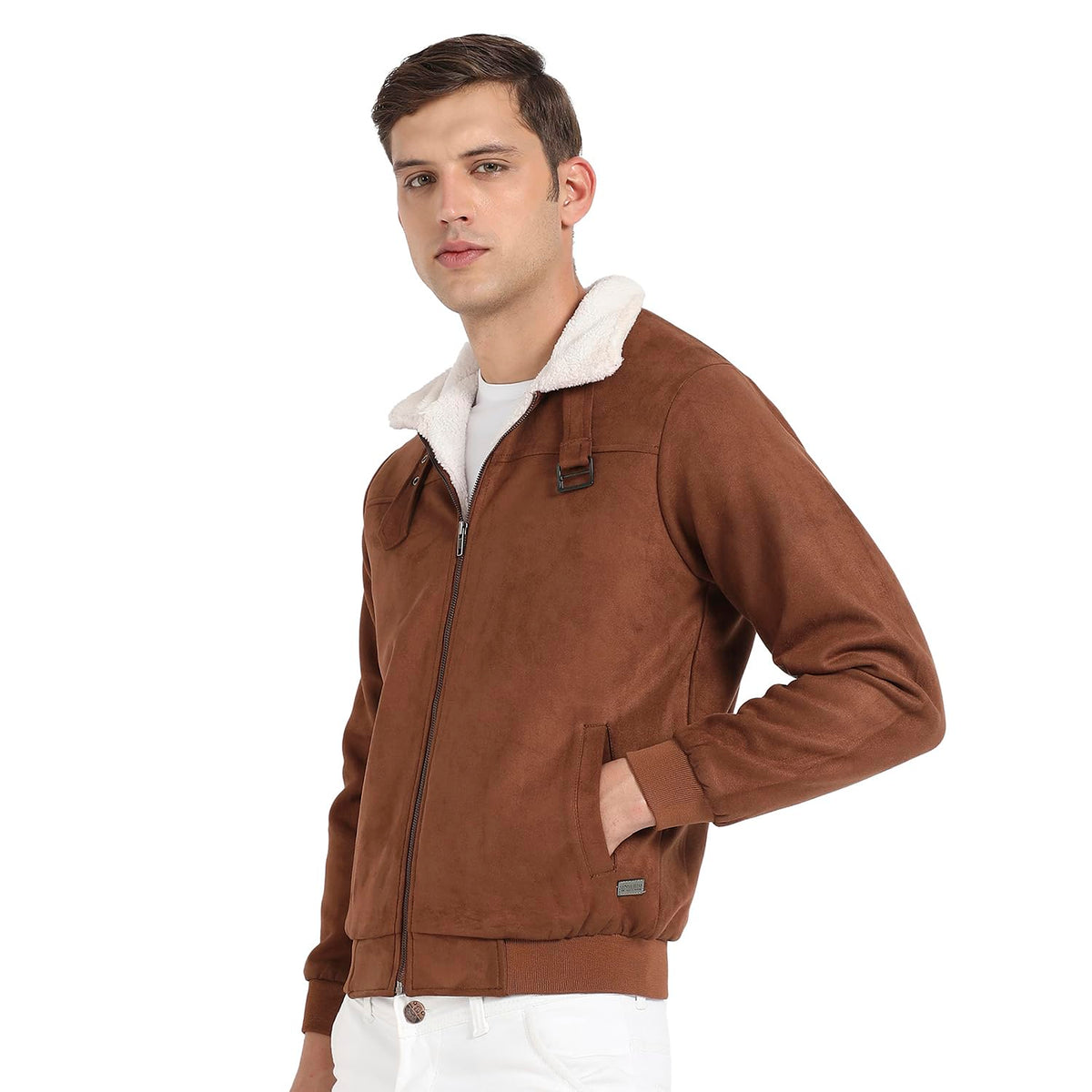 Campus Sutra Mens Brown Zip-Front Jacket With Fleece Detail For Casual Wear | Long Sleeve | High Neck | Zipper Closure | Suede
