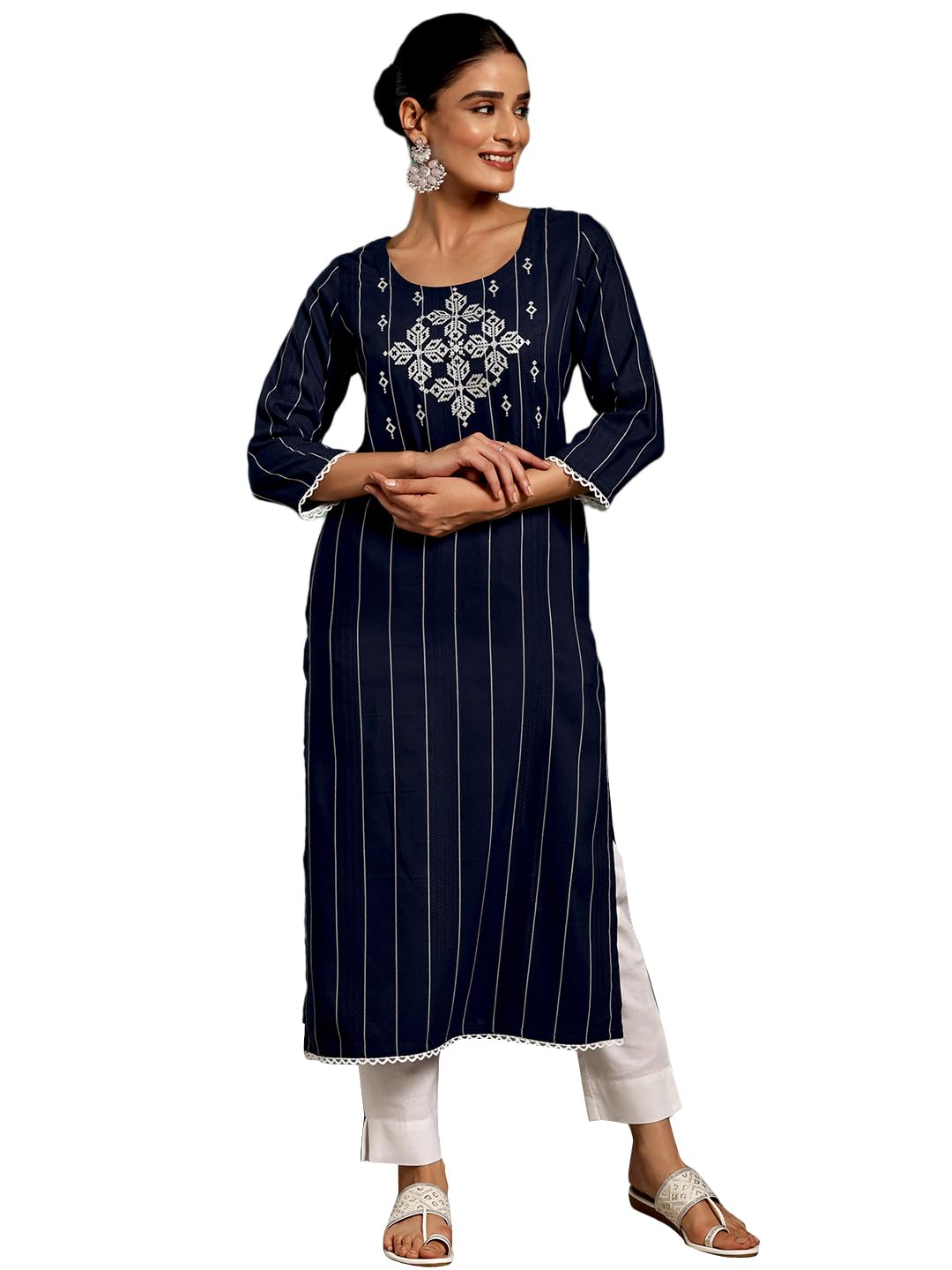 Libas WomenS Silk Embroidered Straight Kurta (37094_Blue