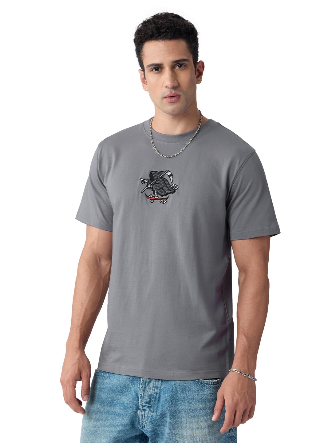 The Souled Store Relaxed T-Shirt: See You in Hell Men and Boys Short Sleeves Round Neck Grey Graphic Embroidered Cotton T-Shirts