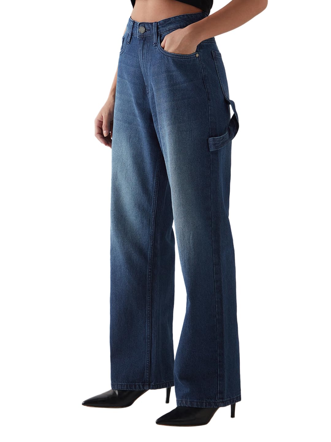 Bewakoof Women High Rise Washed Wide Leg Cotton Carpenter Jeans_646018_Blue_32