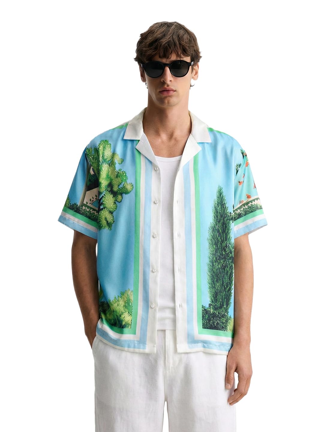 The Indian Garage Co Mens Relaxed Fit Still Life Cuban Collar Half Sleeves Resort Sweater