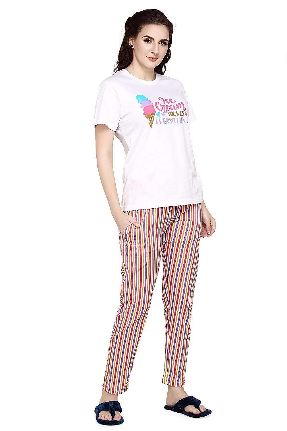 Evolove WomenS Cotton Round Neck Short Sleeves Night Suit Set/Top Pyjama Set Super Soft Comfortable (White & Peach, Npskn1422We