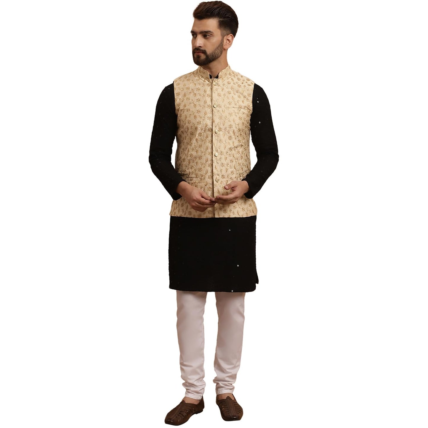 SOJANYA (Since 1958 Men's Cotton Black Kurta and White Pyjama Beige Embroidery Nehru Jacket