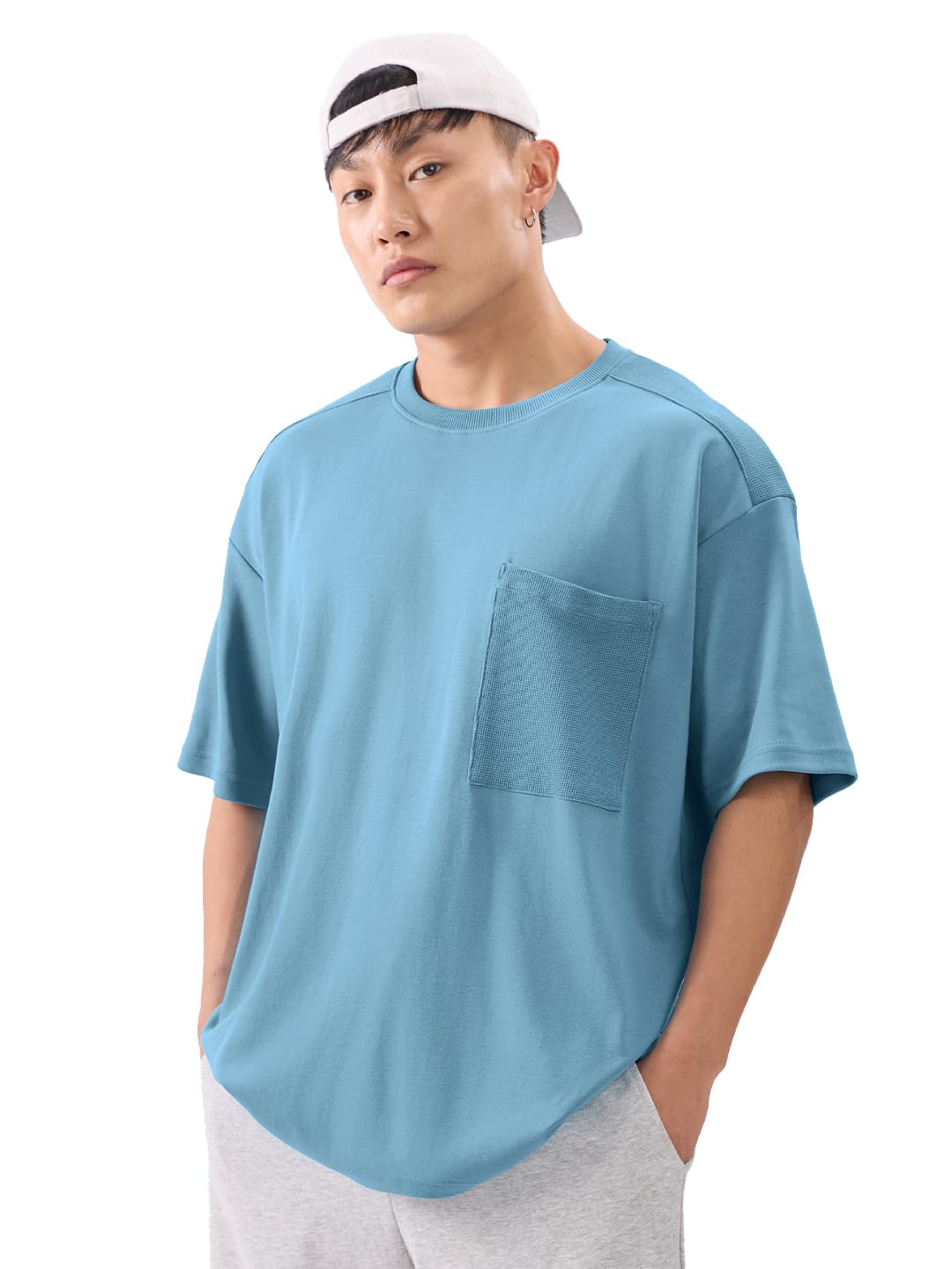 The Souled Store Solids: Arctic Blue Men and Boys Short Sleeves Round Neck Cotton Oversized T-Shirts