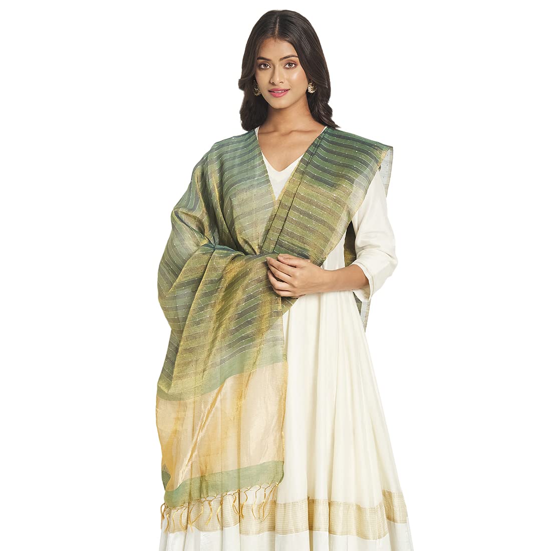 Fabindia Women Cotton Silk Blend Hand Woven Dupatta Green_Freesize