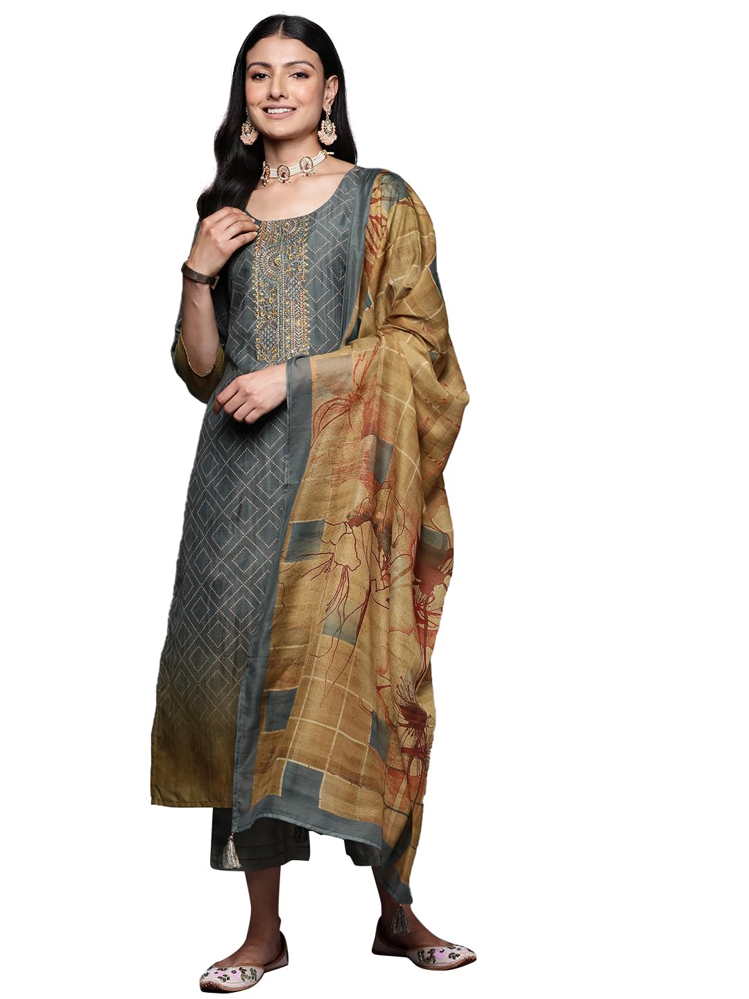 Libas WomenS Silk Blend Kurta Sets (38023O_Grey