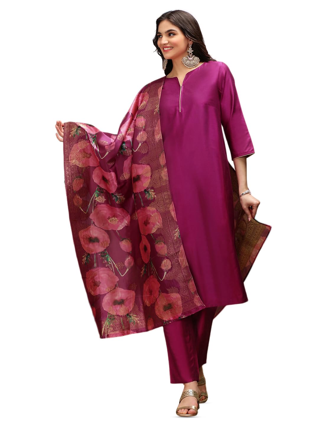 Ishin Notch Neck Silk Crepe Straight A-Line Kurta With Trousers & Dupatta | Kurta Set For Women | Kurta With Trousers And Dupatt