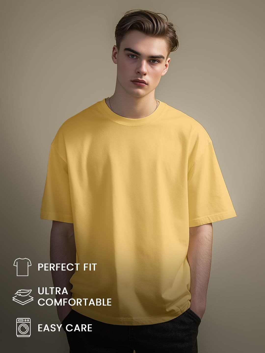 Nobero MenS Solid Oversized Fit T-Shirt (1M-Twts-R0039_Pineapple