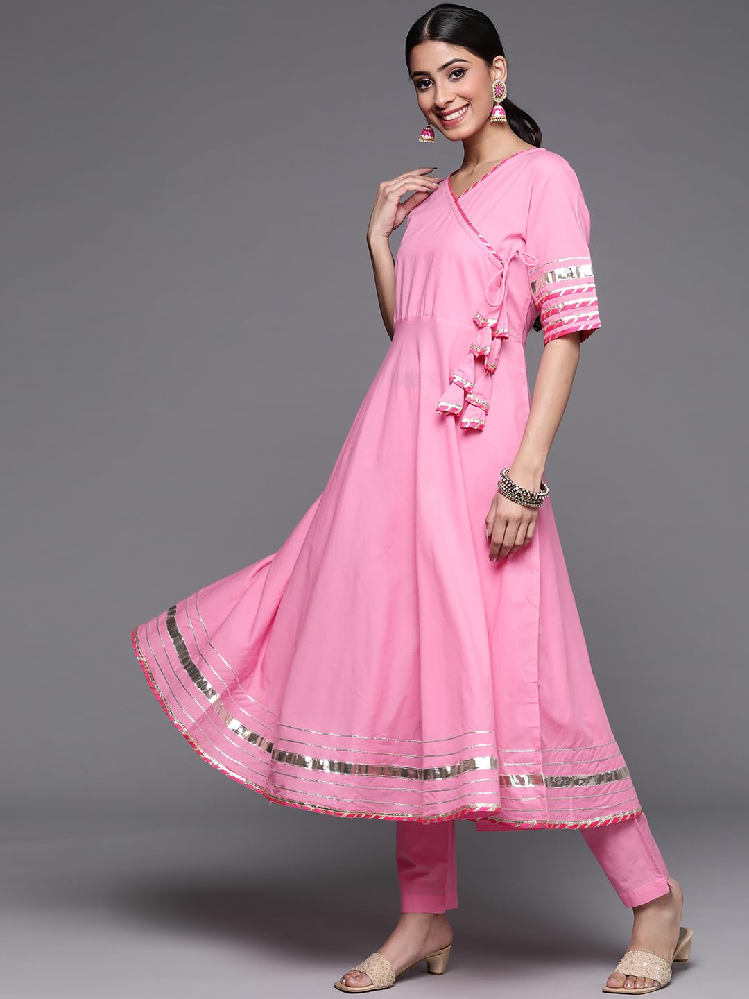 Varanga Women Pink Flared Angrakha Kurta Set with Multi Colour Leheriya Dupatta