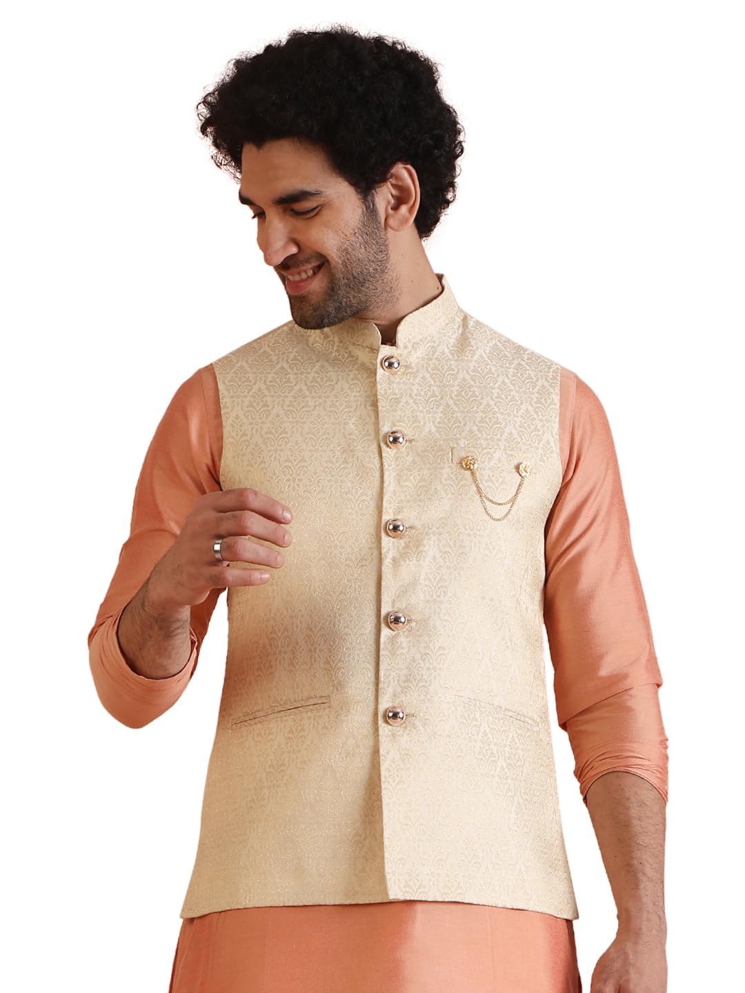 Kisah Men Tan Color Woven Design Nehru Jacket Ethnic Festive Waistcoat Cotton, Regular Fit