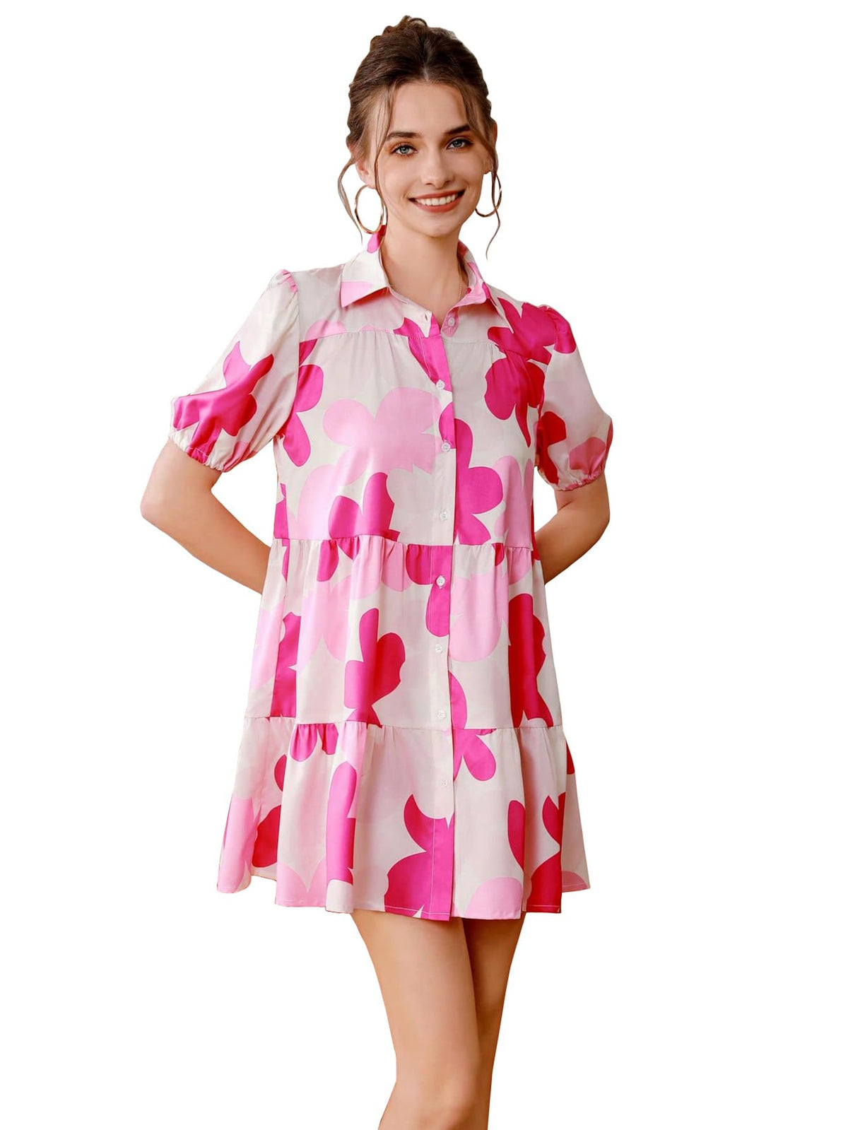Shasmi WomenS Pink Flower Print Short Sleeve Button Front All-Over Printed Dresses, Ruffle Hem Smock Dress For Woman (161 Dress