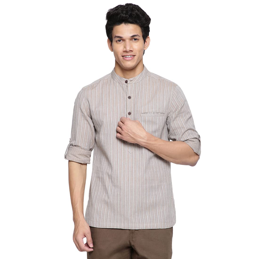 Fabindia Men Grey Cotton Slim Fit Striped Mid Placket Shirt (210695101