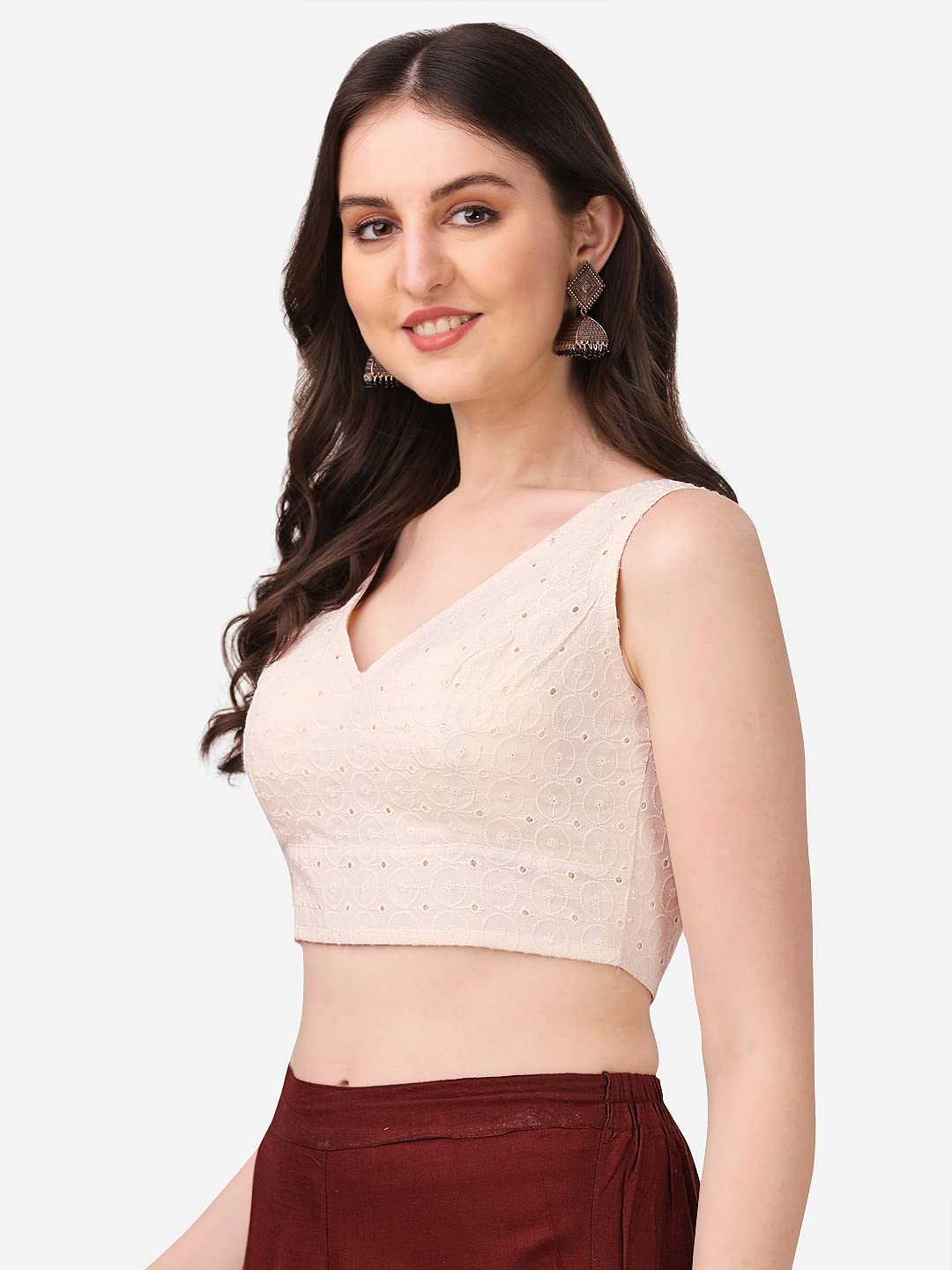 Oomph! WomenS Indian Ethnic Wear Designer Abstract Pattern V Neck Sleeveless Cotton White Blouse For Saree Or Lehnga And Blouse