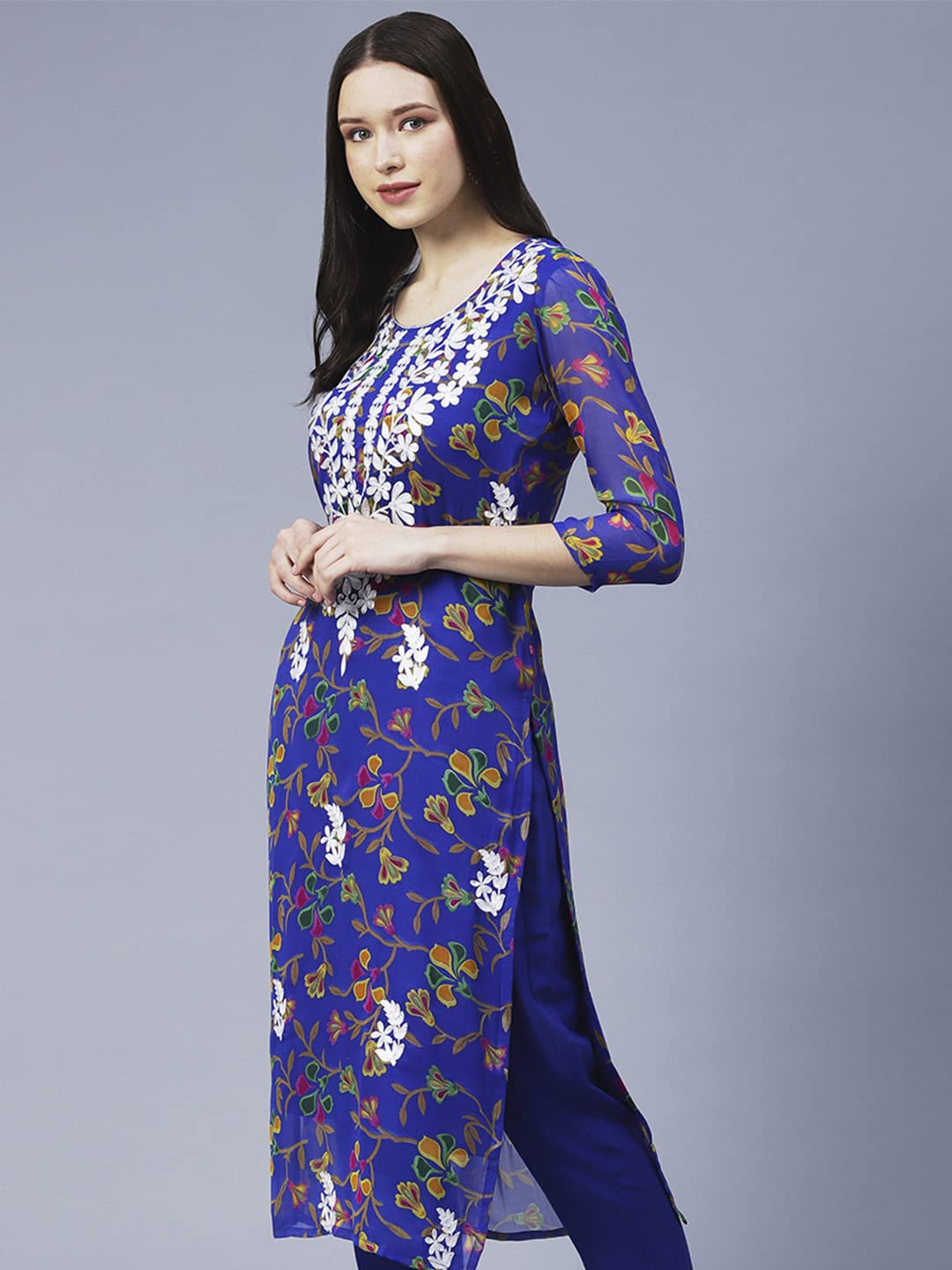 GoSriKi Women's Printed Georgette Chikankari Embroidered Kurti (Gori-Blue-Nw-GS)
