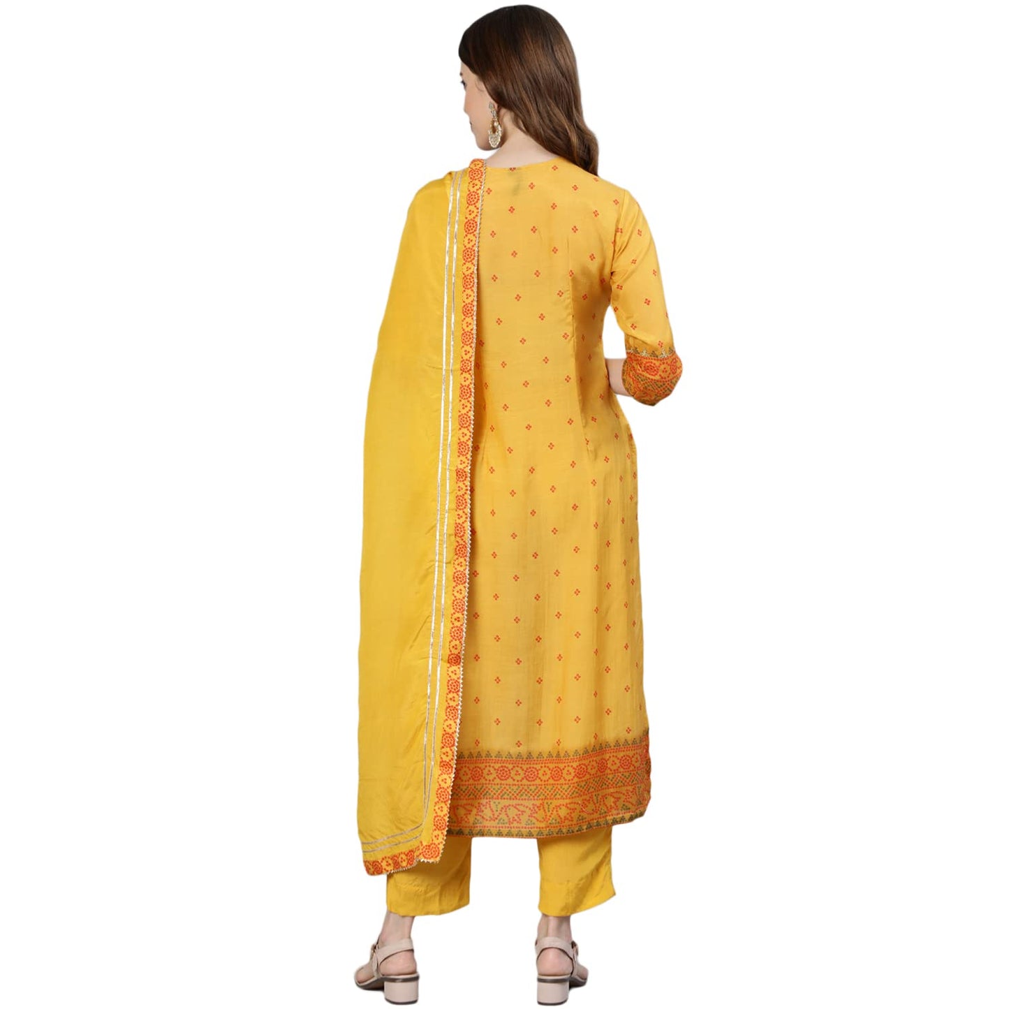 ishin Women's Pure Silk Embroidered Zari Mustard Bandhani Print Straight Kurta suit set With Dupatta & Trouser