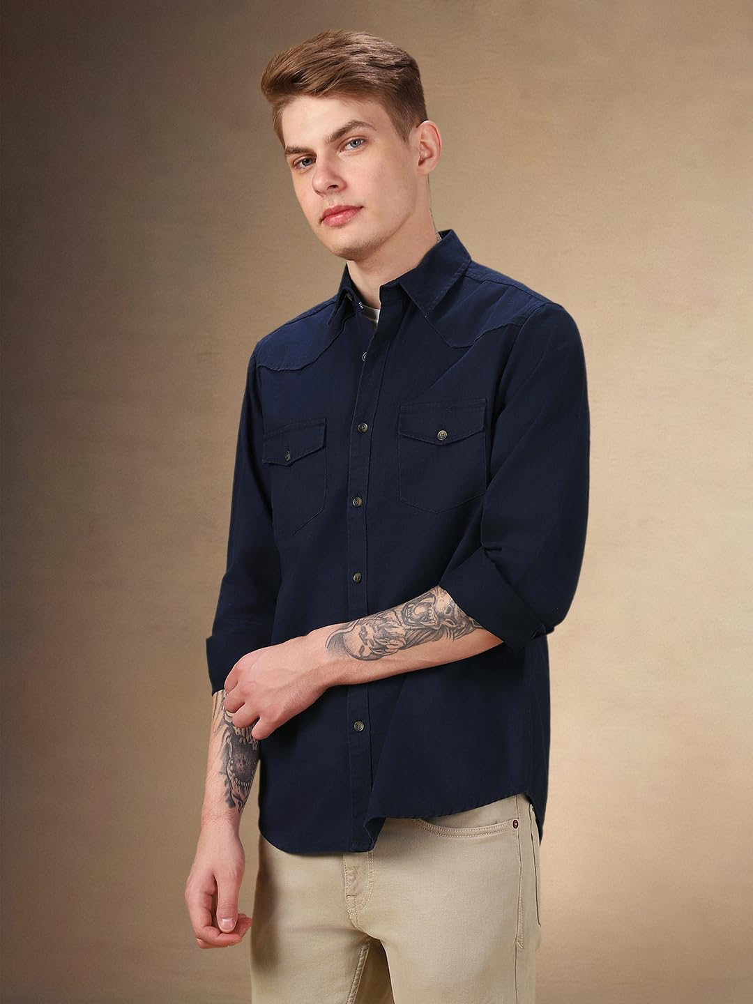 Dennis Lingo Men Solid 100% Cotton Relaxed Fit Full Sleeves Shirts Navy Blue