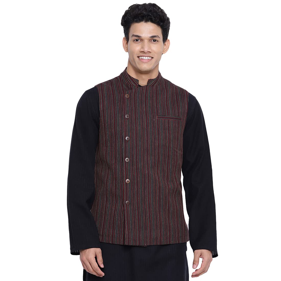 Fabindia Men Cotton Dobby Nehru Jacket Black_L