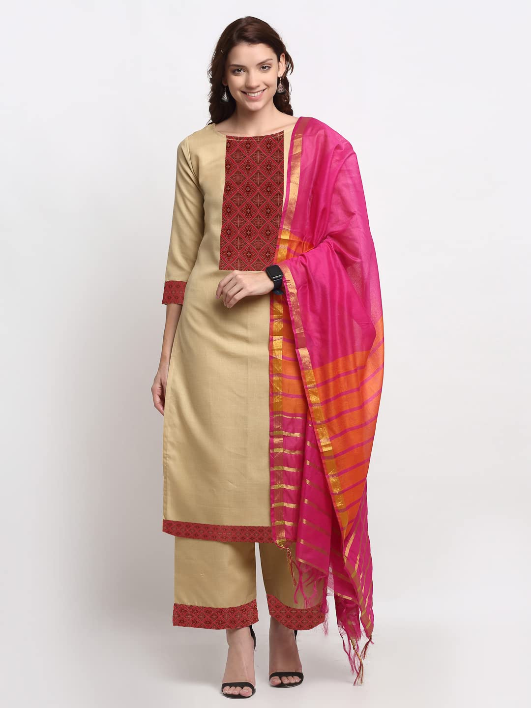 ANNI DESIGNER Women's Cotton Straight Kurta with Palazzo (RAVI Pink_S_Pink_Small)