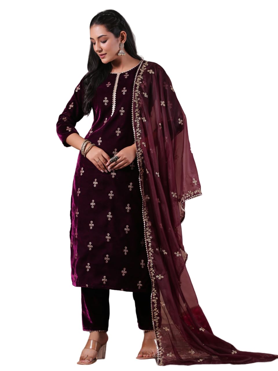 ishin Womens Velvet Self Design Purple Straight Kurta Suit Set with Trousers and Dupatta