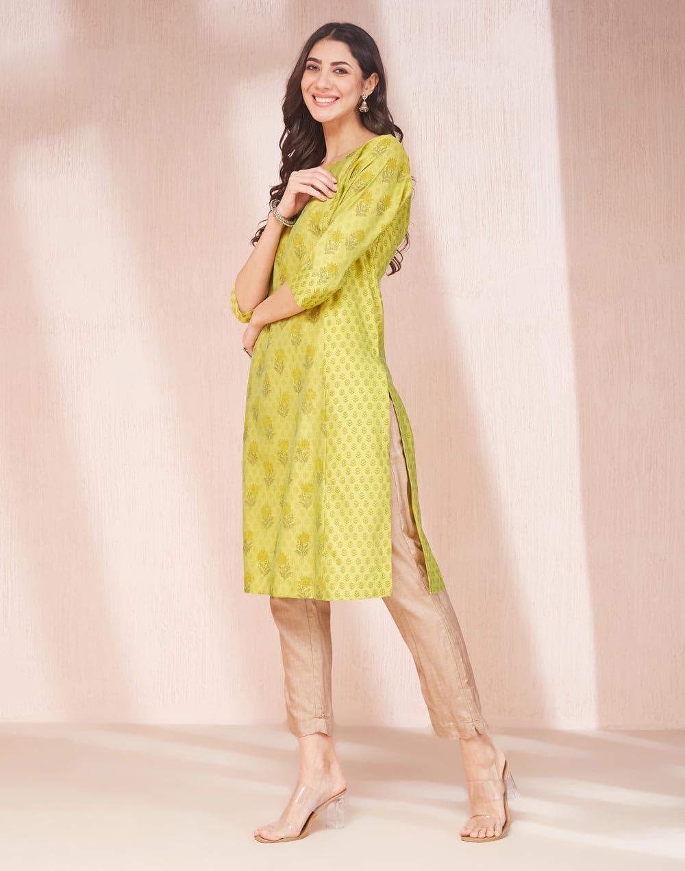 Fabindia WomenS Cotton Silk Printed Regular Kurta (1038023Lime_Lime