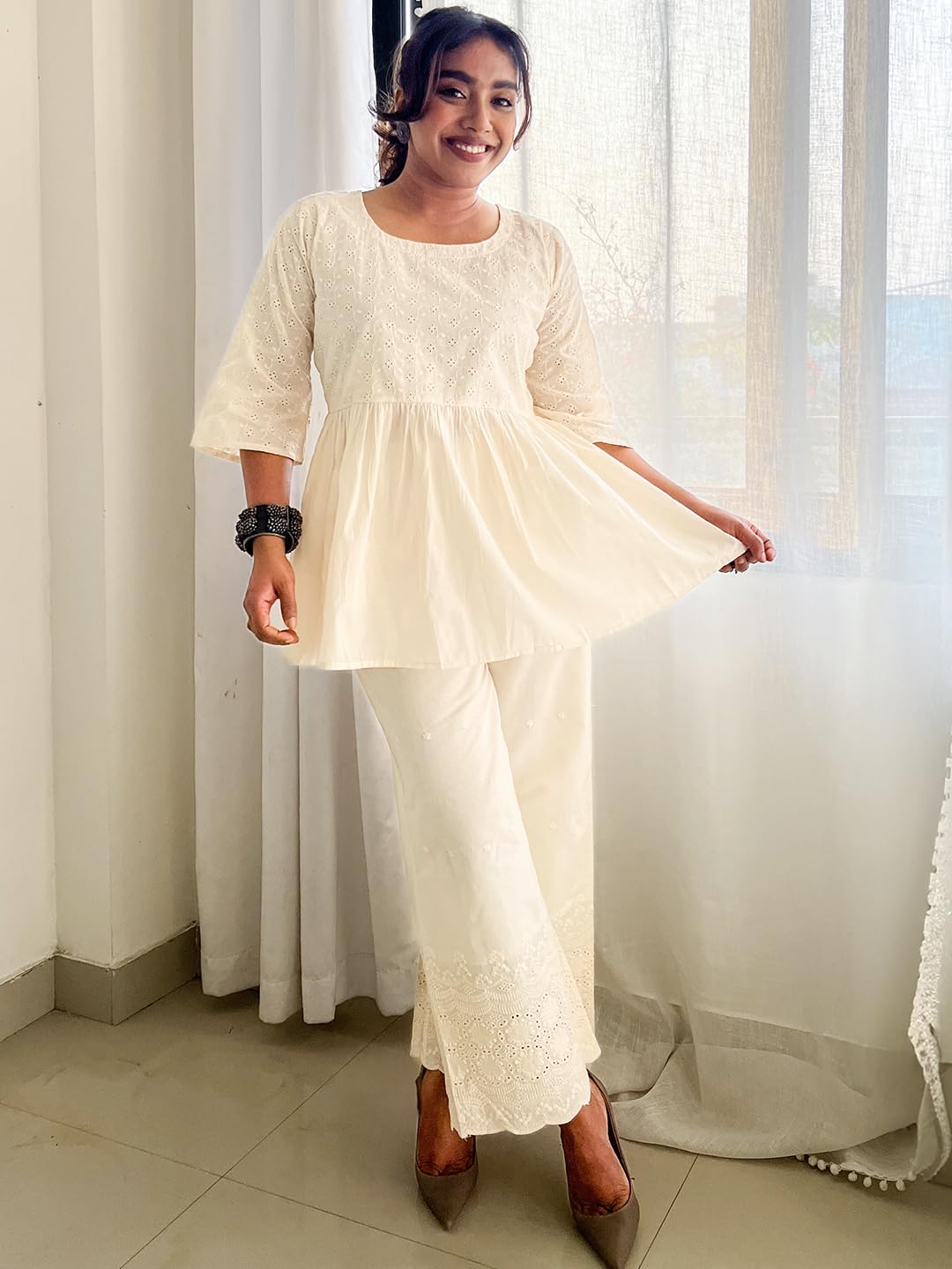 Libas WomenS Pure Cotton Embroidered A-Line Kurtis (29092_Off White
