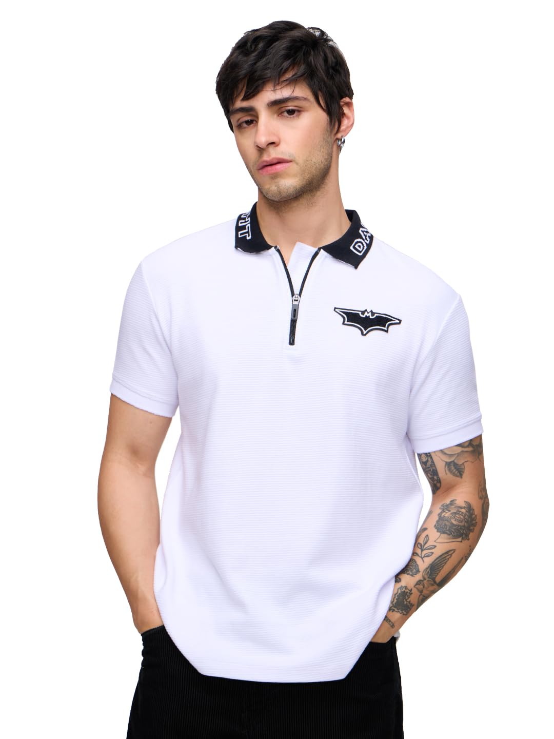 The Souled Store Batman: Dark Knight Men and Boys Short Sleeves Collared Neck White Embroidered Cotton Blend Regular Fit Zipper