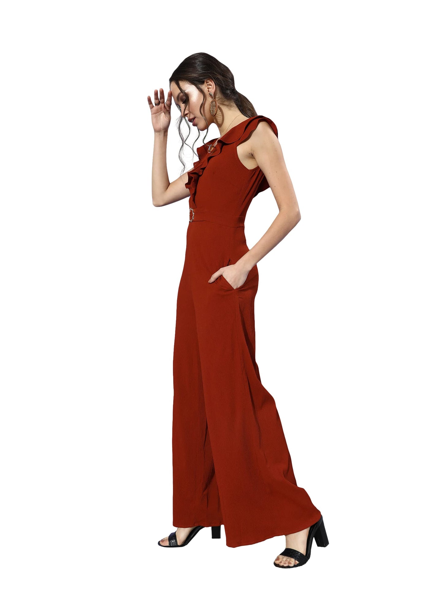 Miss Chase Womens Rust V-Neck Sleeveless Solid Wide-Leg Regular Jumpsuit (MCAW21D99-61-606-06, Rust, XL)