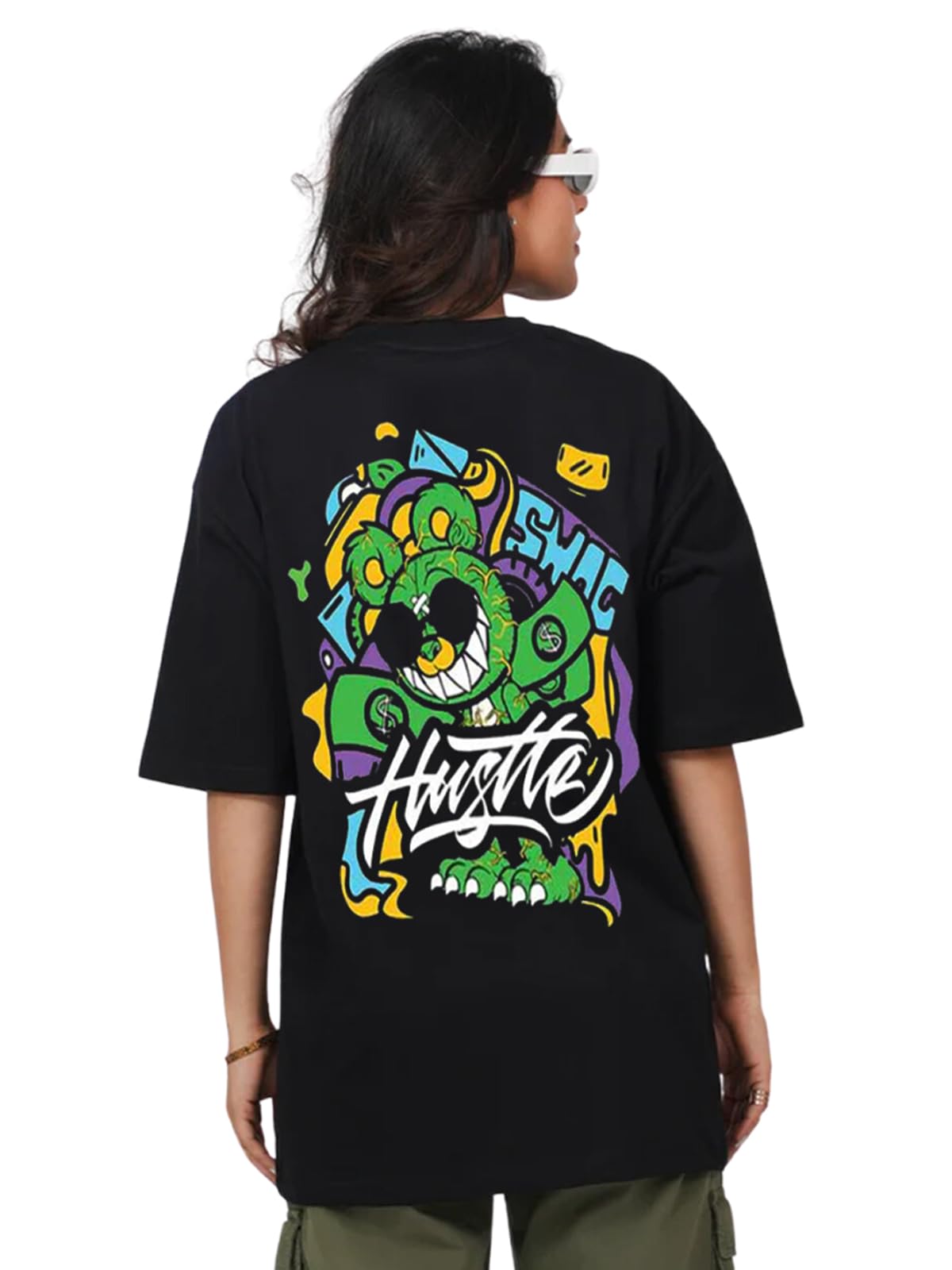 Veirdo Womens Cotton Oversized Short Sleeve Round Neck Graphic Back Hustle Monster Printed T-Shirt