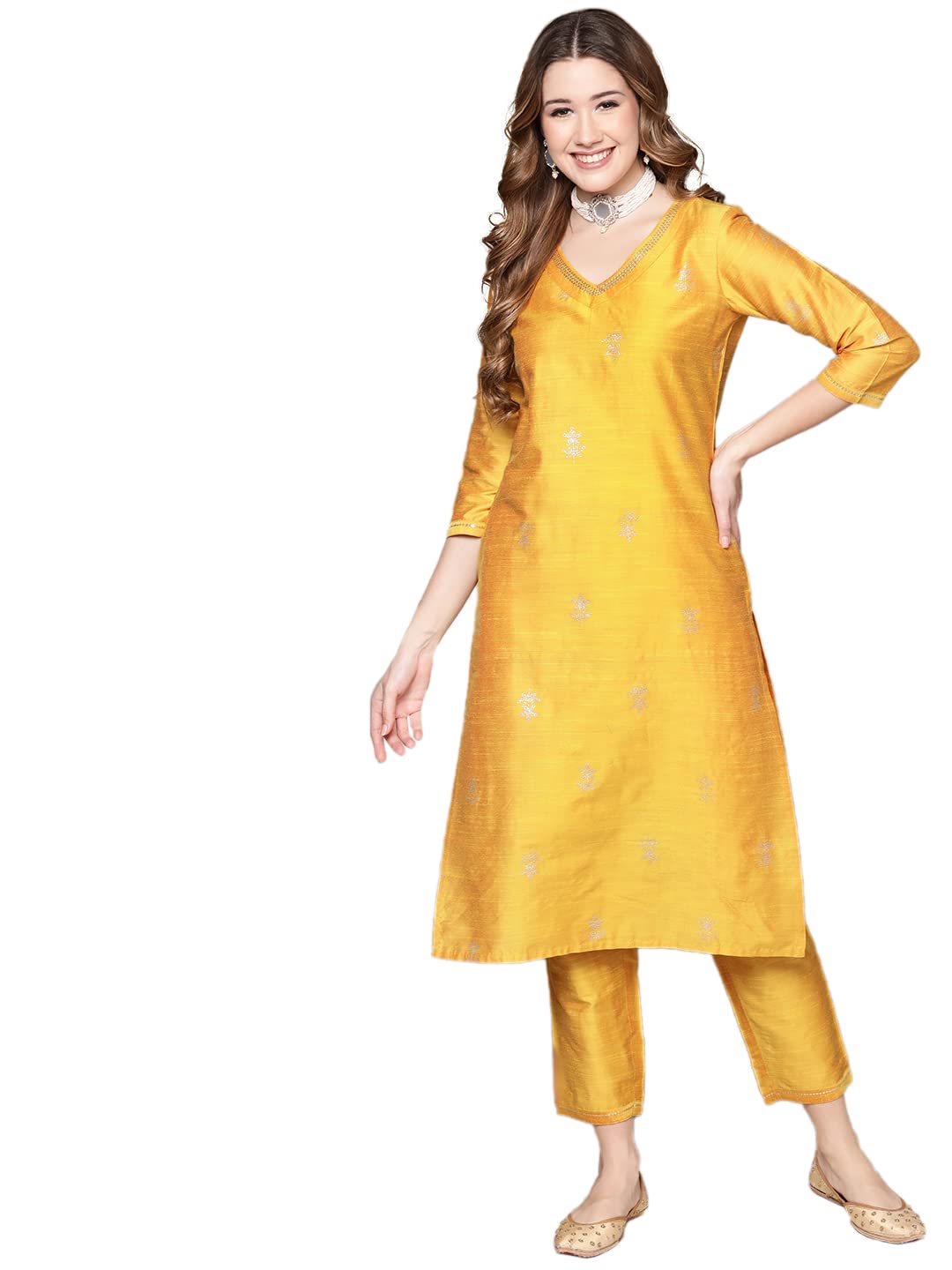 anubhutee Womens Cotton Yellow Ethnic Motifs Printed Straight Kurta Suit Set With Pants