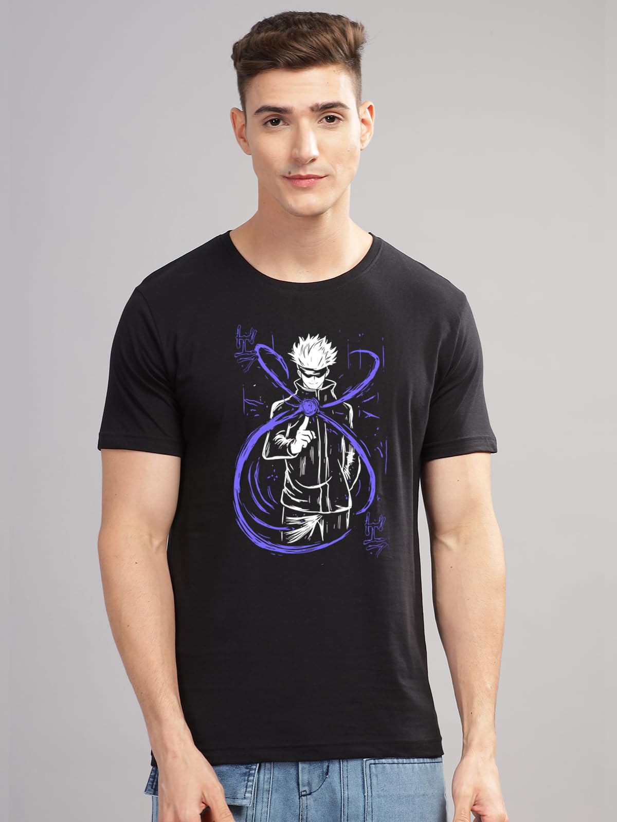 ADRO Mens Anime T Shirt - Premium Cotton Anime Gojo Tshirt - Perfect for Anime Fans Print and Comfortable Fit Black T-Shirt|RN24